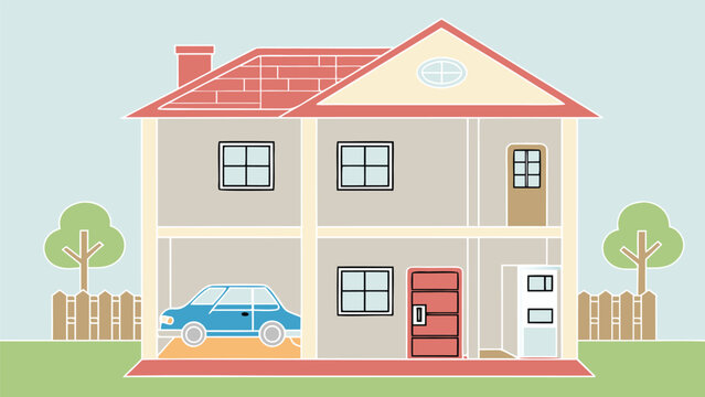 Cross section of a two story house with blue car and garage interior