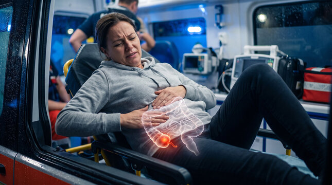 Woman suffering from acute appendicitis pain during emergency transport in ambulance
