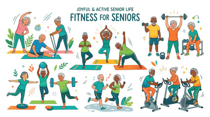 Fototapeta premium Set of illustrations depicting elderly people engaging in various fitness and exercise activities