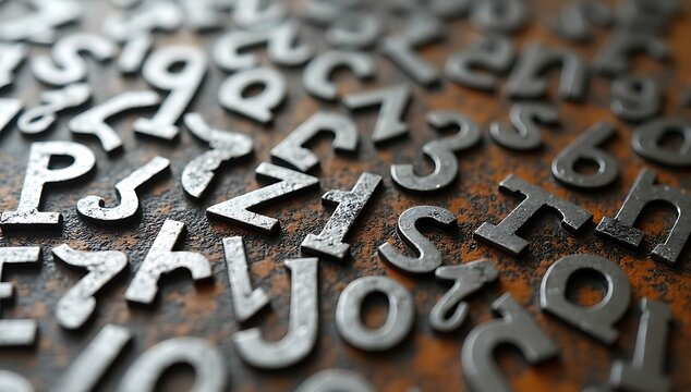 Close up of metal alphabet letters scattered on a textured surface.