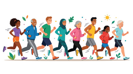 Obraz premium A diverse group of cheerful people of various ages running together outdoors