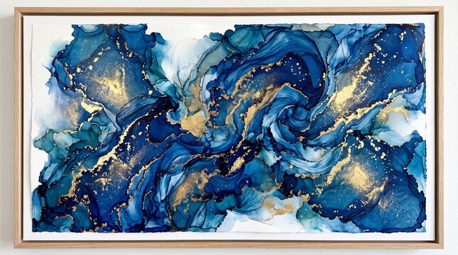 Abstract watercolor painting with deep blues and golden accents in a frame