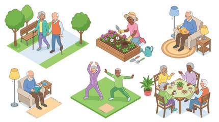 Fototapeta premium Isometric illustration set of elderly people engaged in various outdoor and indoor activities