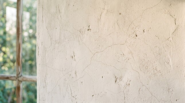 Close up of textured white tile wall with natural light and blurred greenery