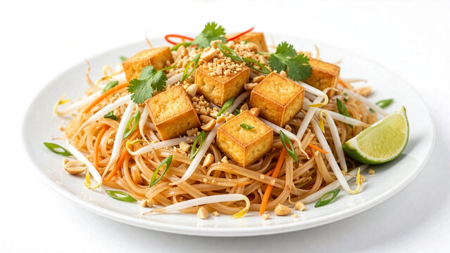A delicious plate of traditional Thai pad thai noodles topped with crispy fried tofu cubes, fresh bean sprouts, crushed peanuts, and a lime wedge.
