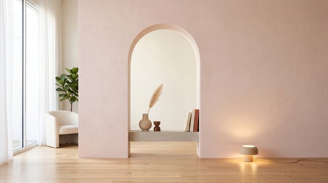 Minimalist interior with arched doorway and soft natural light creating a calming atmosphere