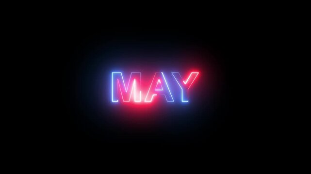 Vibrant glowing neon sign displaying the month of may with dynamic red and blue light animation on pure black background, for spring seasonal, greeting and calendar projects
