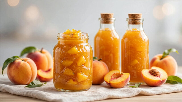 A glass jar filled with chunky peach jam sits next to fresh fruit juice bottles and ripe peaches on a rustic kitchen table cloth.