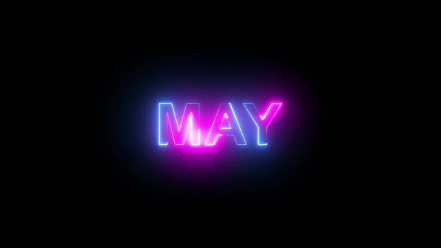 Vibrant may neon sign glowing animation with blue and pink electric light effects on dark background, for spring season, events, calendar reminders, and creative digital projects