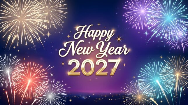 Happy new year 2027 greeting card design with colorful festive fireworks on a dark purple background