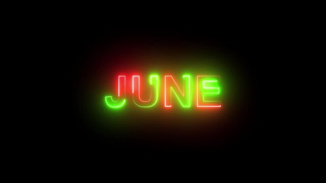 Vibrant glowing june neon text animation with dynamic color shifting light effects on a deep black background, for modern seasonal, greeting projects and, marketing promotions
