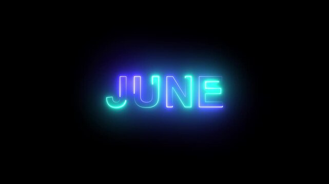 Glowing blue and cyan neon text animation spelling the word june with dynamic shimmering light effects against a clean dark black background, for seasonal calendar projects