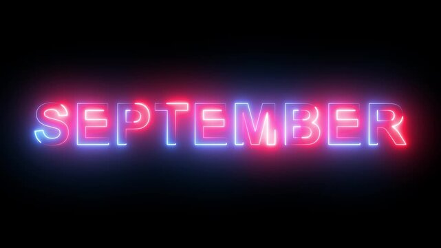 Vibrant glowing neon sign spelling september with dynamic blue and red light animation shifting across dark background, seasonal title sequences, and modern urban promos