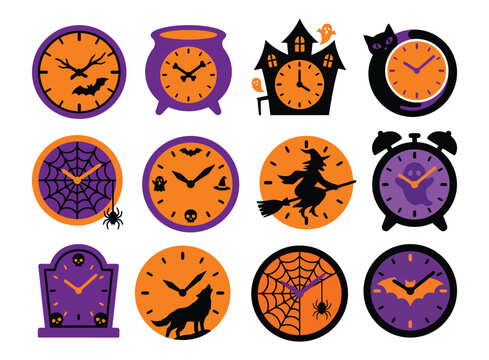 Halloween Clock Icon Vector Set, Art Design Icons Illustration