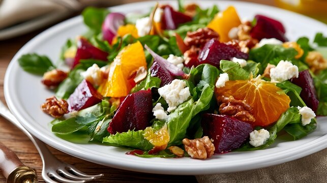 A vibrant salad with beets  orange segments  walnuts  and crumbled cheese on a white plate