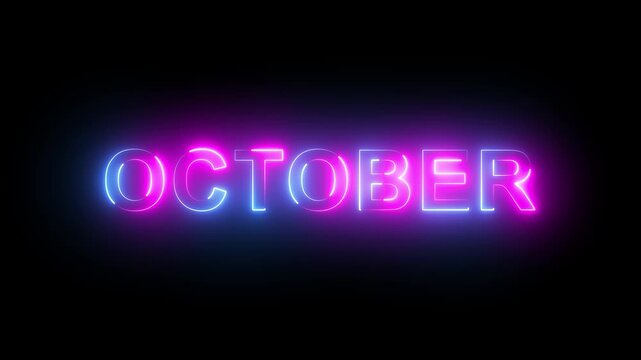 Glowing neon sign with the word october featuring vibrant blue and pink dynamic color transitions and pulsing light effects on a deep dark background, for seasonal creative, projects and events