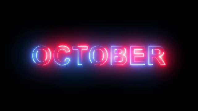 Glowing october red and blue neon sign typography animation seamless loop on black background, featuring vibrant colorful, lighting effects for, seasonal autumn holiday, promotions and events