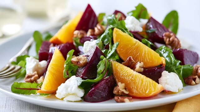 A vibrant salad featuring sliced beets  orange wedges  fresh greens  crumbled cheese  and toasted nuts on a white plate