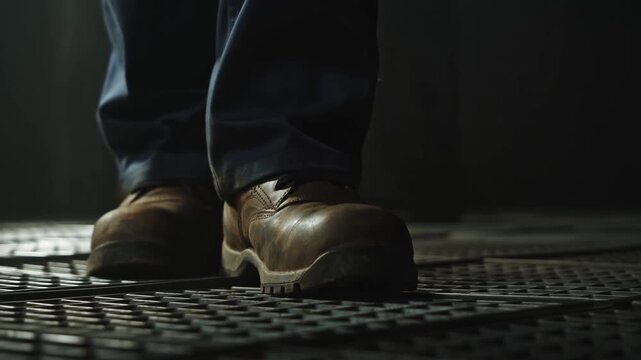 Person Wearing Brown Shoes Standing on Metal Grating in a Dark Industrial Setting