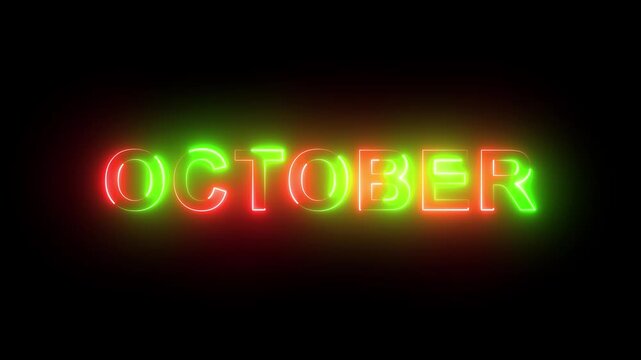 Vibrant glowing neon text animation displaying the month of october with dynamic red and green color shifts on an isolated pure black background, for seasonal events, and holiday projects