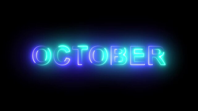 Vibrant blue and cyan glowing neon sign with the word october illuminating and pulsing against a dark black background, autumn seasonal marketing, and digital events