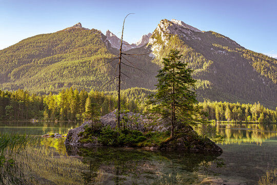 Idyllischer Hintersee bei Ramsau mit Spiegelung der Berchtesgadener Alpen im Morgenlicht.