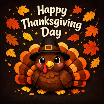 Thanksgiving illustration - cartoon turkey in pilgrim hat, autumn leaves, &ldquo;Happy Thanksgiving Day&rdquo; text on dark background. Holiday greetings. Seasonal social media posts.