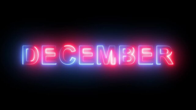 Vibrant glowing neon sign spelling out the word december with dynamic red and blue color lighting effects shimmering on a deep black background, for winter holidays, and seasonal promotions
