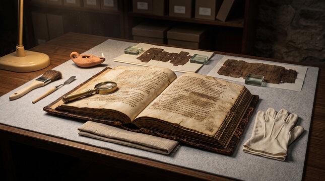 Ancient Codex on Conservation Desk with Magnifying Glass, Gloves and Papyrus Fragments