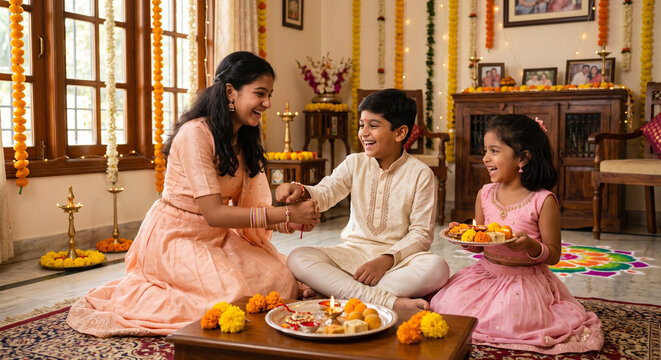 Happy Siblings & cousins celebrating Rakhi at home, Traditional Indian festival 