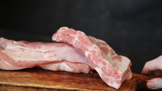 Pork ribs raw meat food preparation tasty snack fresh gourmet food background on the table rustic food top view copy space