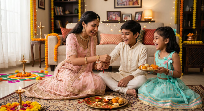 Happy Siblings & cousins celebrating Raksha Bandhan at home, Traditional Indian festival 