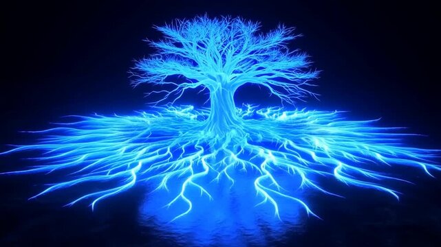 Glowing blue tree with spreading roots over reflective water in dark abstract setting