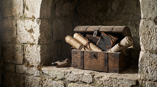 pened Ancient Iron Reliquary Chest with Keys, Crystal and Wax-Sealed Letter