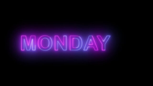 Glowing neon monday sign animation with vibrant blue and purple gradient light effects on a deep black background, modern weekly schedule, presentations and social, media intro sequences