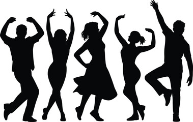Fototapeta premium A group of black silhouettes of young men and women dancing and posing with arms raised, isolated on a white background, representing party, celebration, and active lifestyle