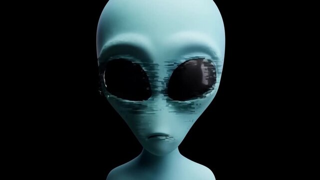 Alien figure turns toward viewer with glitch distortion against black background