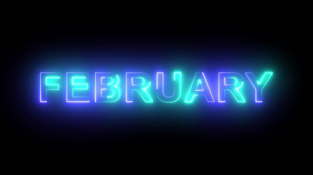 Neon light sign display featuring the word february with vibrant blue and cyan glowing animation effects holiday and seasonal digital projects and creative marketing campaigns