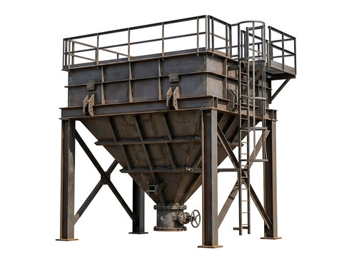 Industrial steel hopper bin for bulk material storage isolated on transparent background