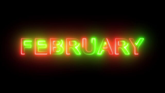 Dynamic glowing neon text animation displaying february in vibrant red and green colors with soft atmospheric glow effects against a deep black background, for seasonal calendar projects
