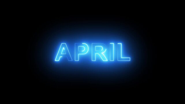 Vibrant glowing blue neon light typography animation spelling out the word april against a deep dark black background, for spring seasonal, creative projects and, event presentations