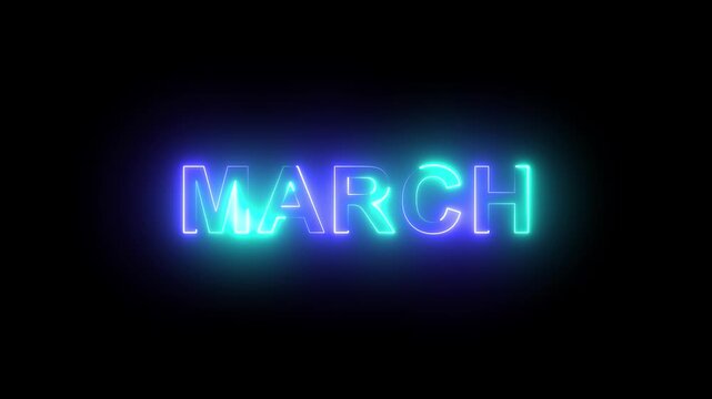 Glowing neon march text animation with vibrant blue and cyan lights and soft glow effects on a sleek dark background, monthly calendars, spring, events, and modern, digital projects