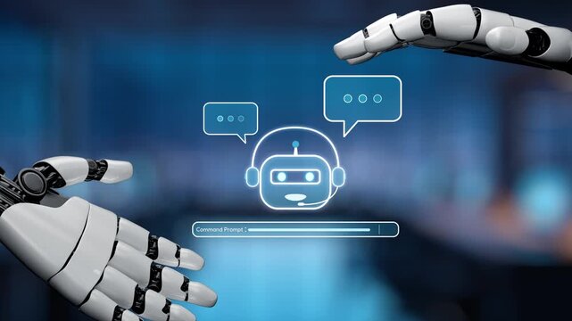 A sleek robotic arm reaches towards a digital chatbot interface, symbolizing the evolving interaction between humans and artificial intelligence in modern technology. Synapse