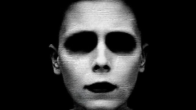 Creepy Ghost Face with Black Eyes Glitching on Dark Background