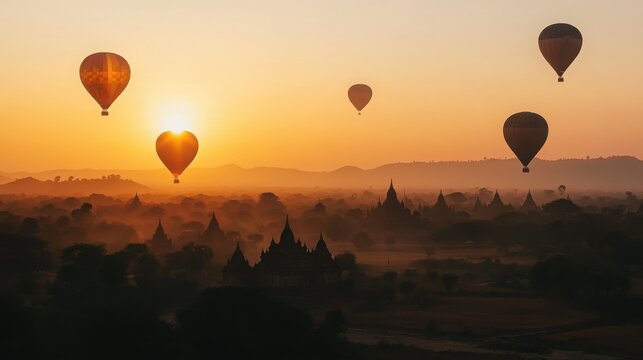 Hot air balloons drift above ancient temple pagodas nestled in a misty landscape during a golden sunrise.
