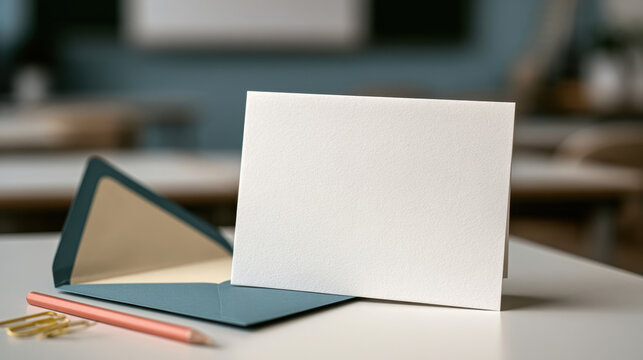 Blank white teacher welcome card mockup standing beside an open teal envelope on a classroom desk with coral pencil and gold paper clips, clean back-to-school stationery scene with copy space