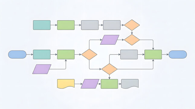 Workflow diagram nodes for process mapping structure and system organization on white