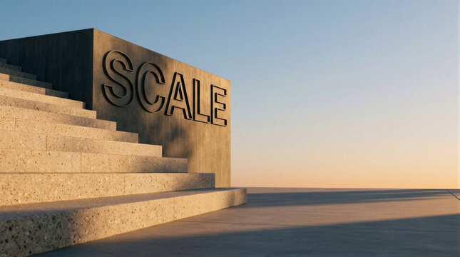 Concrete scale sculpture beside monumental steps and open plaza at sunset, representing measurement, balance, progress, architecture, and corporate strategy with copy space