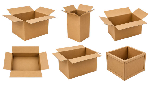 Collection of various open brown cardboard and corrugated shipping boxes on a transparent background, shown in multiple sizes and perspectives for packaging, moving, storage, and product mockup use