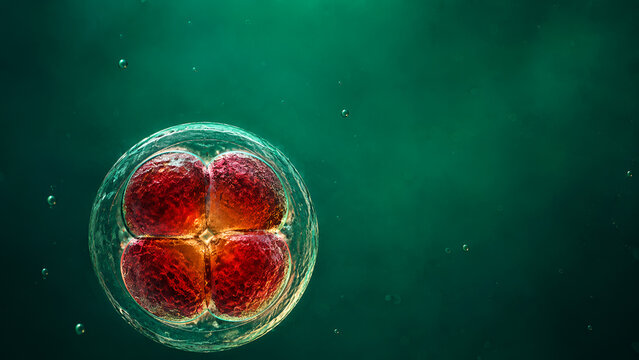 Four cell embryo microscope in the IVF reproductive medicine fertility treatment embryology cleavage laboratory research.